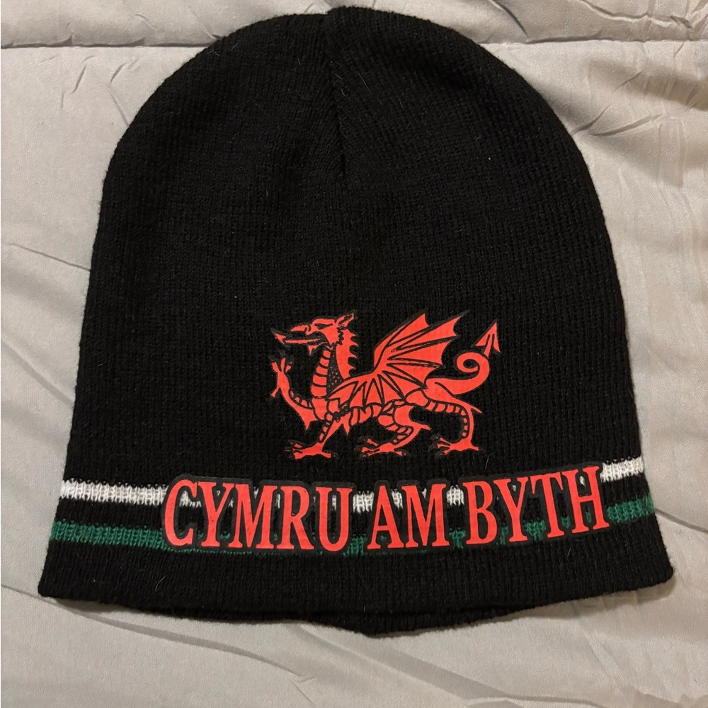 Welsh black Beanie with Red Dragon Design